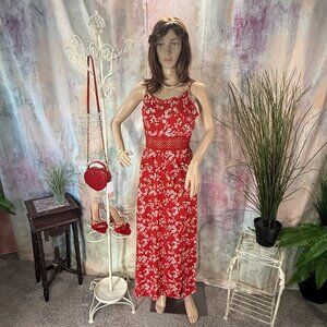 NWOT 📌 Boho Floral Midi Hollow Lace High Waistline Dress w/ Spaghetti Straps